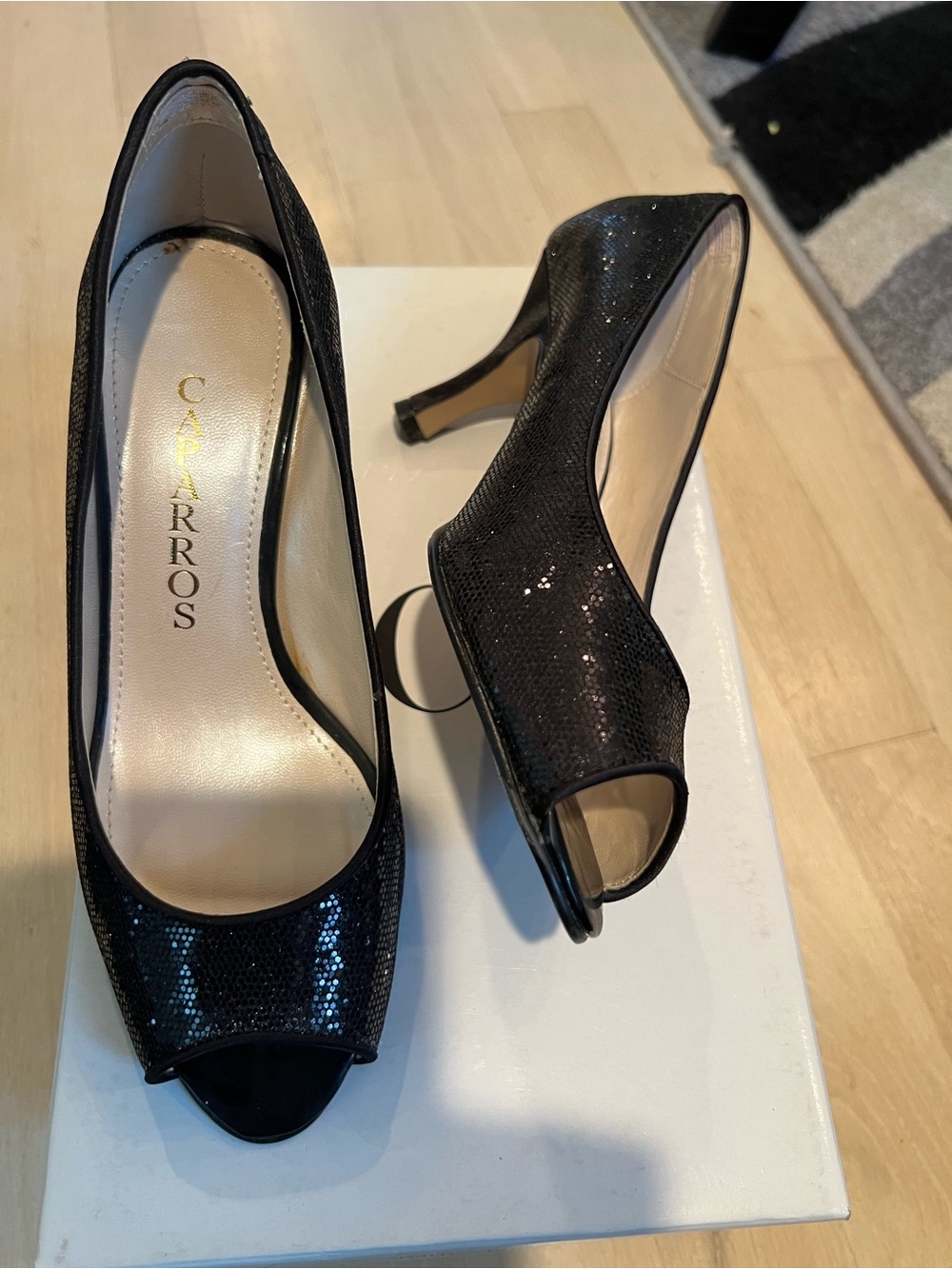 Caparros Black Sequin Peep-Toe Heels